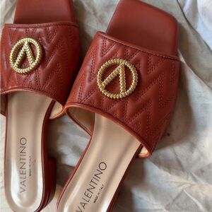 Valentino Women's Rust Leather Slide Sandals with Gold Accent
